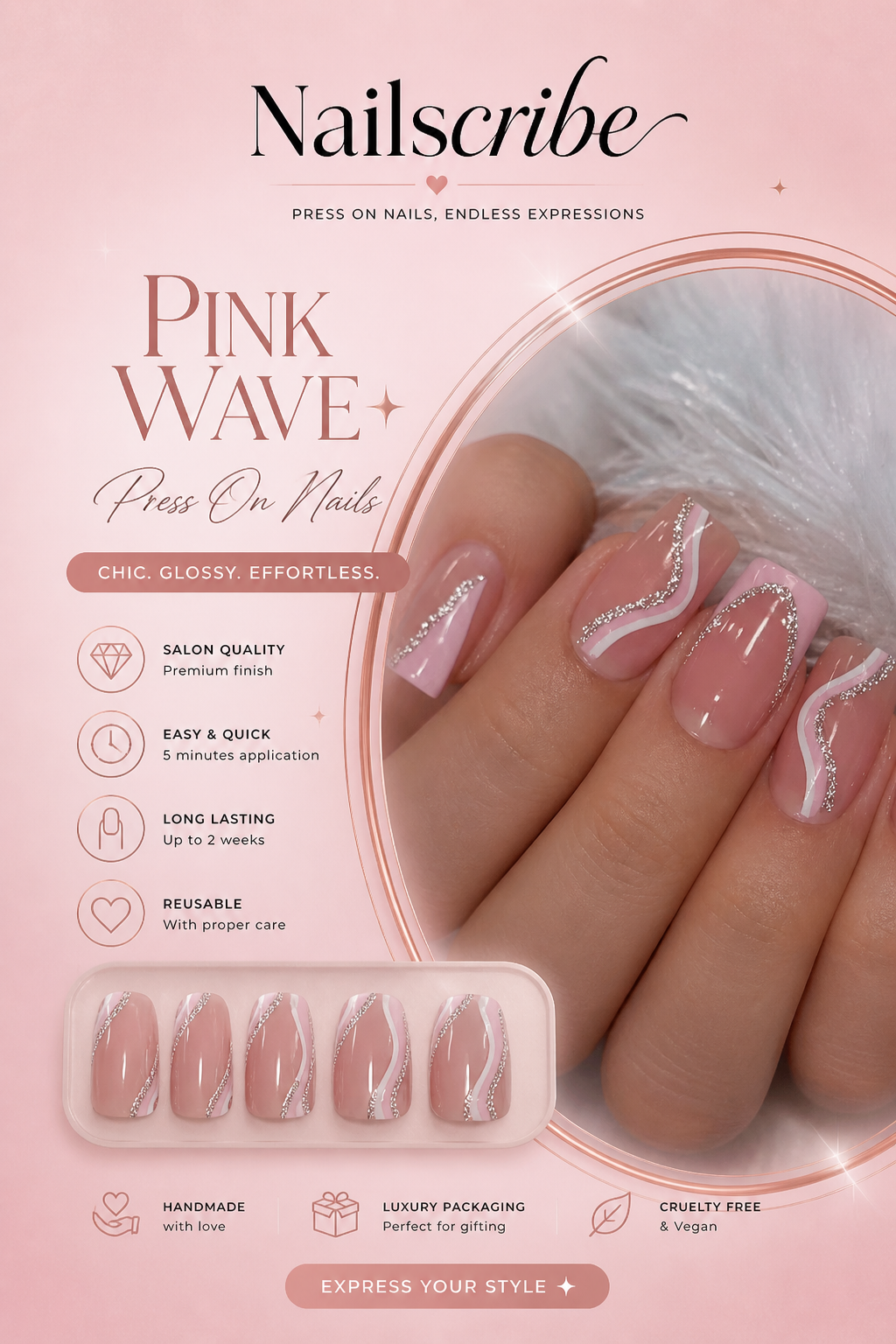 Kit Press-On Nails Pink Wave – Manucure Instantanée Réutilisable pour Femme