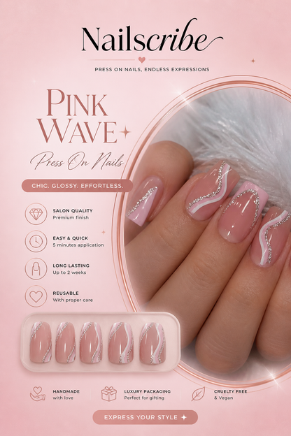 Kit Press-On Nails Pink Wave – Manucure Instantanée Réutilisable pour Femme
